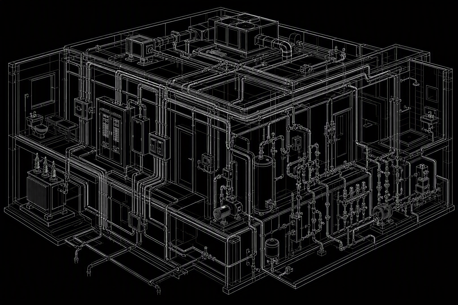 A blueprint-style rendering of a physical engineering system