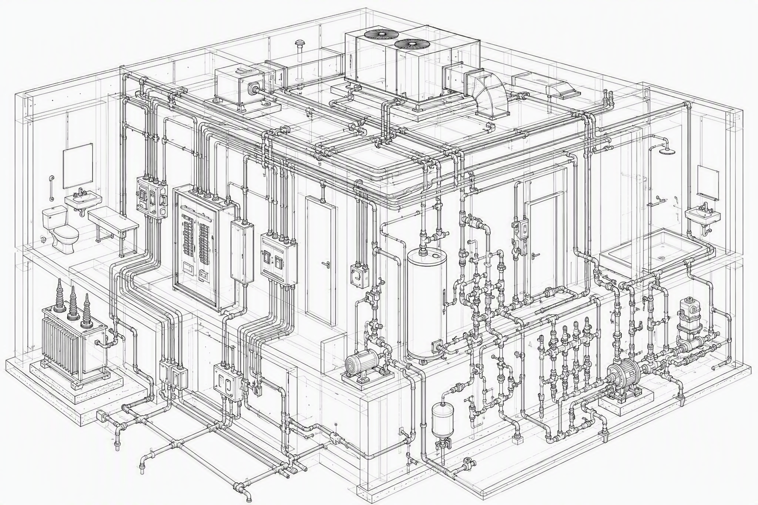 A blueprint-style rendering of a physical engineering system