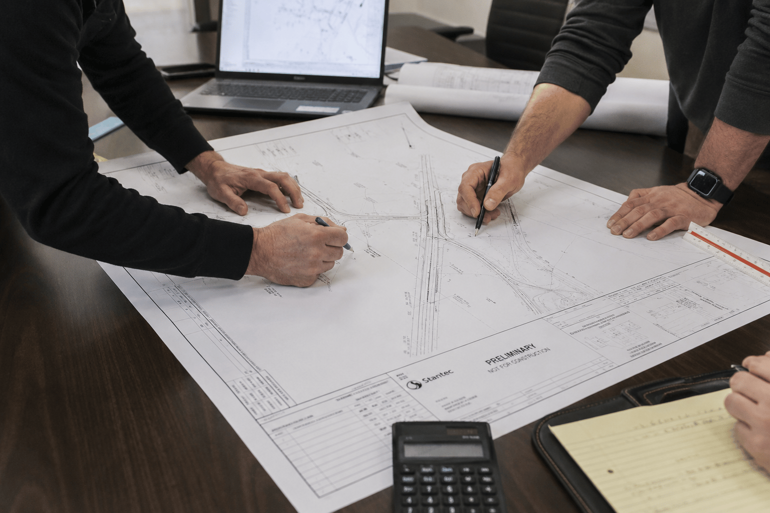 Team reviewing technical drawings and coordination plans together