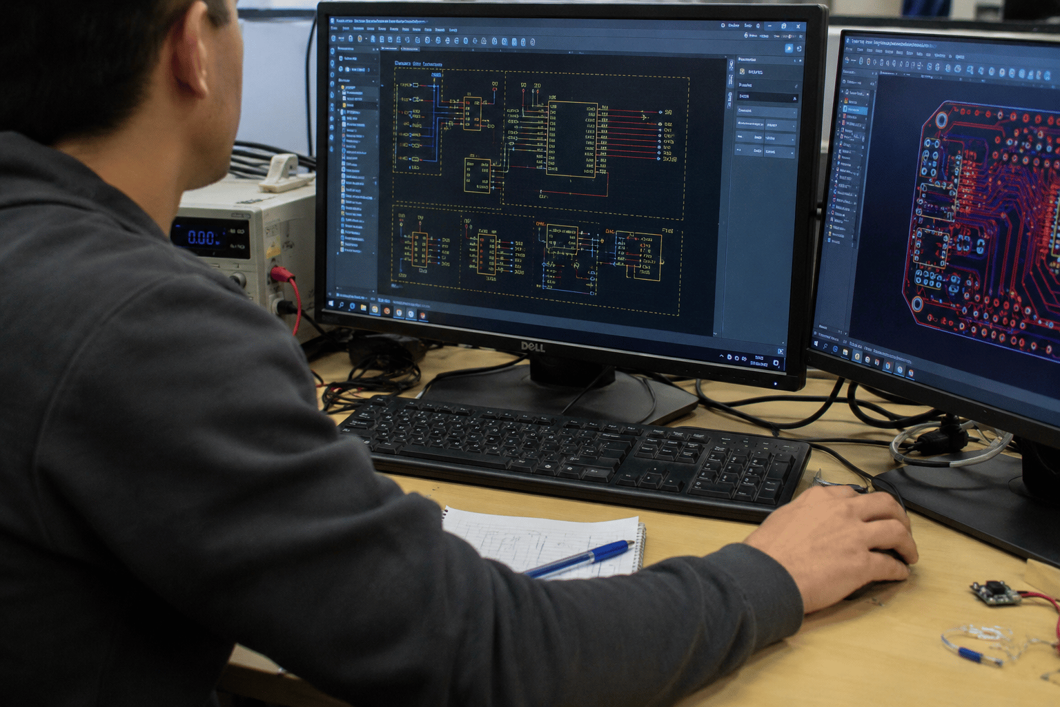Engineer reviewing circuitry and schematic layouts on dual monitors
